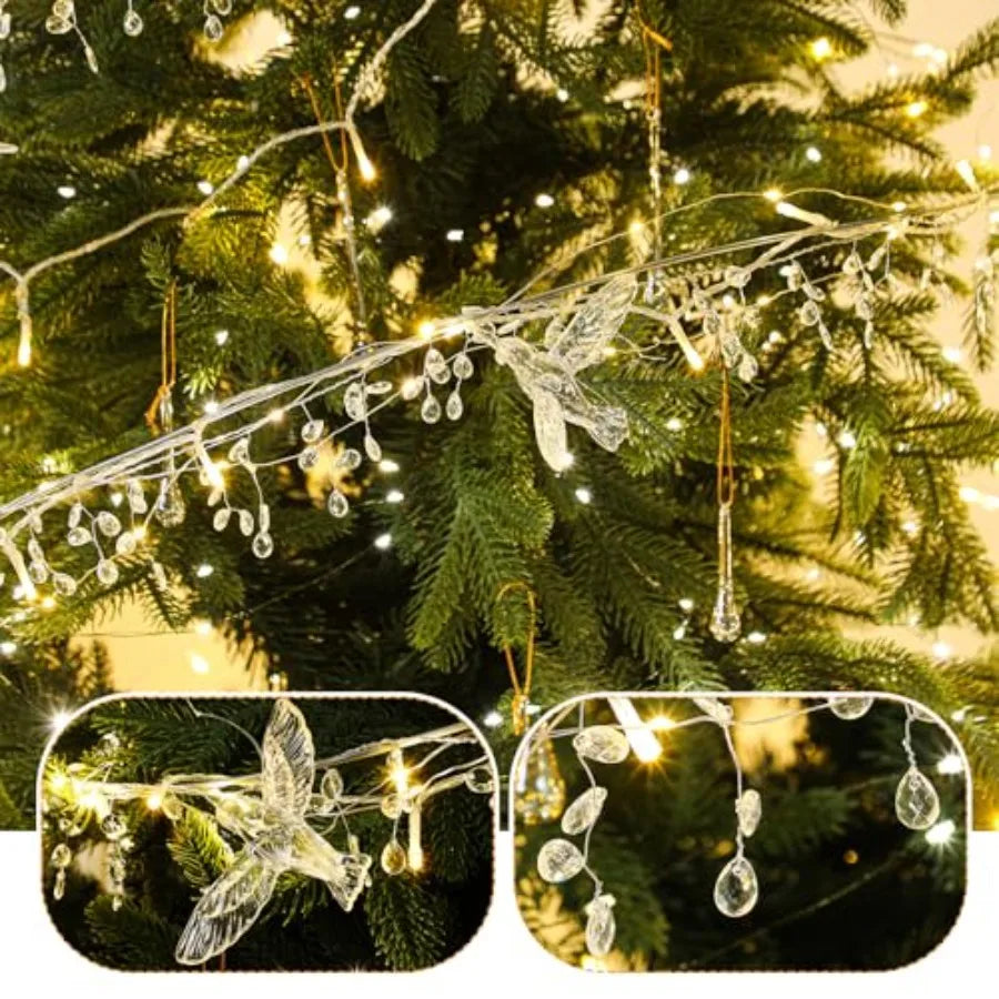 Crystal Christmas Tree Decor Acrylic Crystal LED Fairy Garland Strands with Acrylic Hummingbird Iron Wire 90 Waterdrop Beads Su