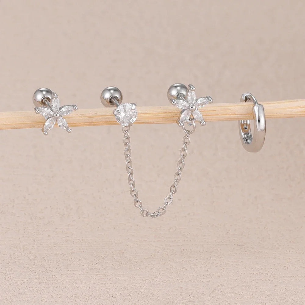 3PCS Stainless Steel Zircon Flower Star Ear Stud Earrings Set 14K Gold Plated Chain Cartilage Piercing Earring Women's Jewelry