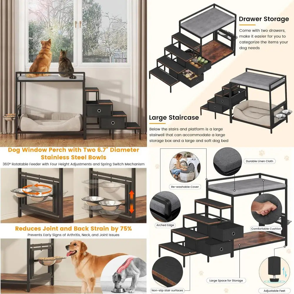 360 Degree Rotating Adjustable Pet Feeder Perch With Storage Drawers