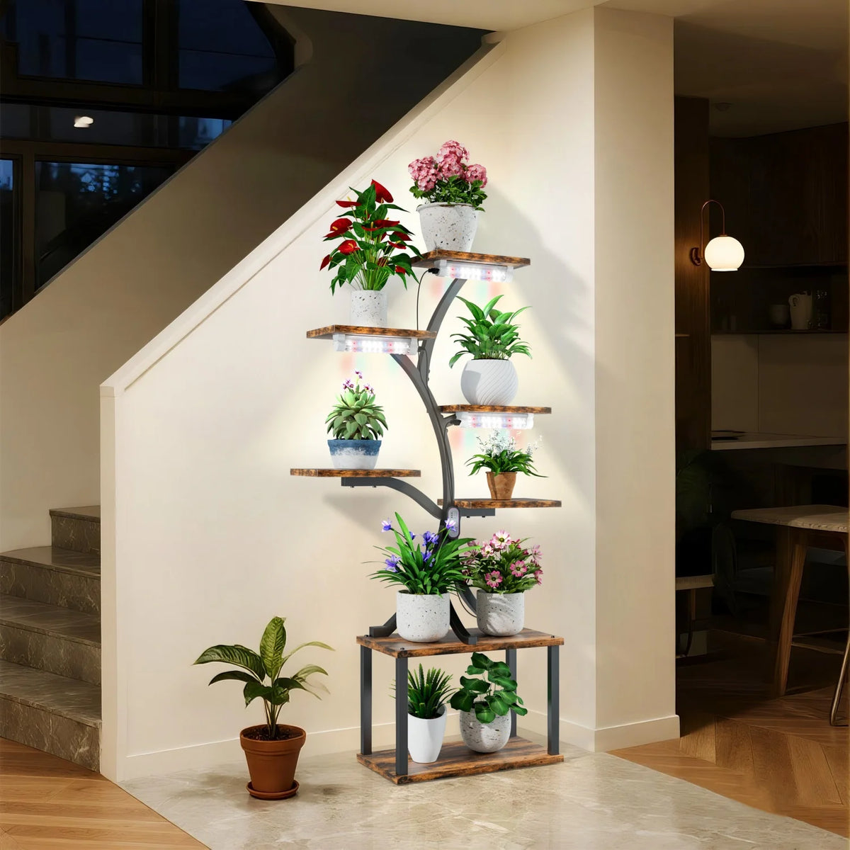 Tree Shaped Metal Plant Stand with Pot Display and Lights