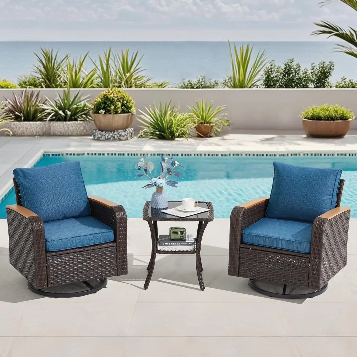 Wicker Patio Set With Swivel Chairs And Side Table For Outdoor Use