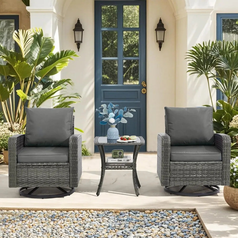 Wicker Patio Set With Swivel Chairs And Side Table For Outdoor Use