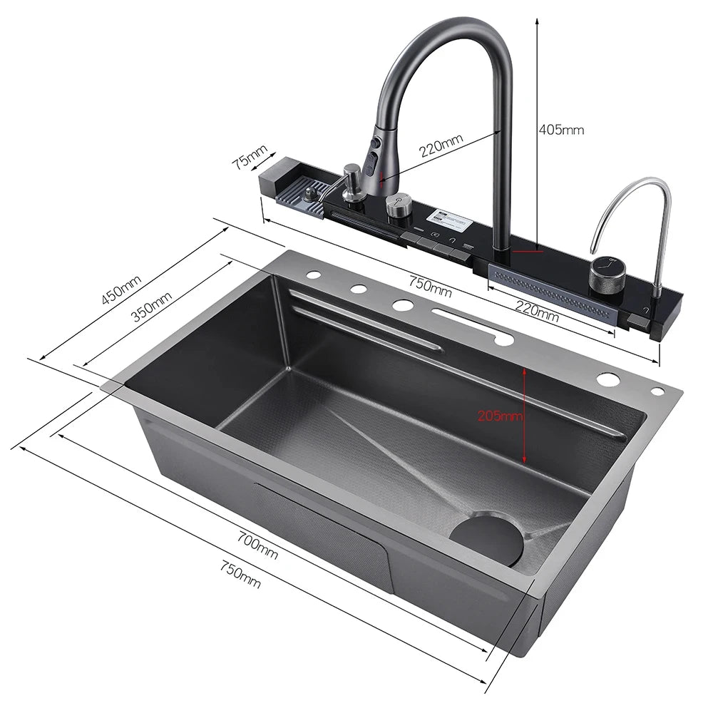 MYQualife 304 Stainless Steel Waterfall Kitchen Sink With Soap Dispenser