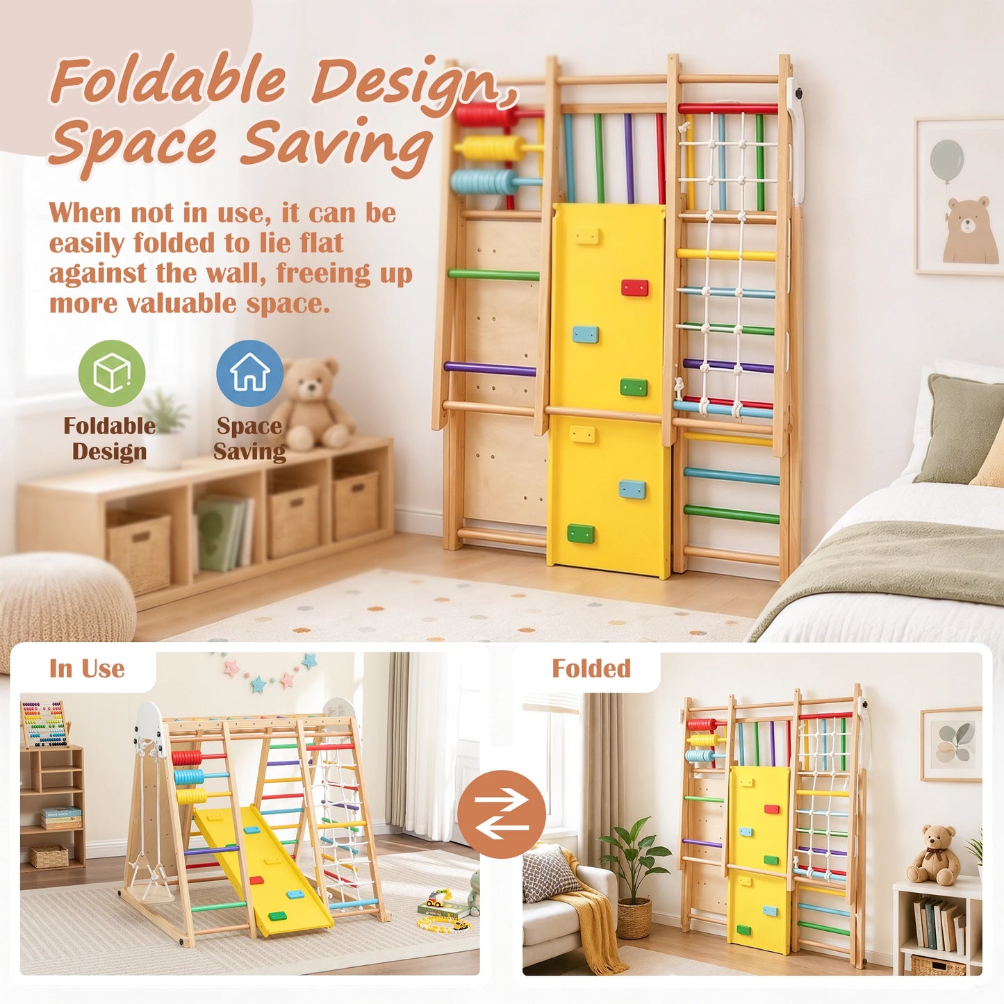 Multifunction Wooden Kids Climber Indoor Playground, Toddler Climbing Set with Slide, Swing, Climbing Ramp, Ladder and Cargo Net for Motor Skill Training