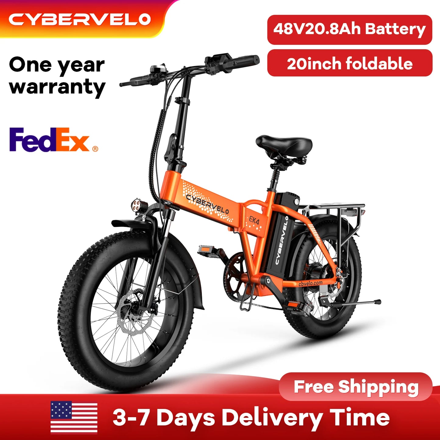 CYBERVELO 1000W Folding Electric Bike With Removable Battery For Adults