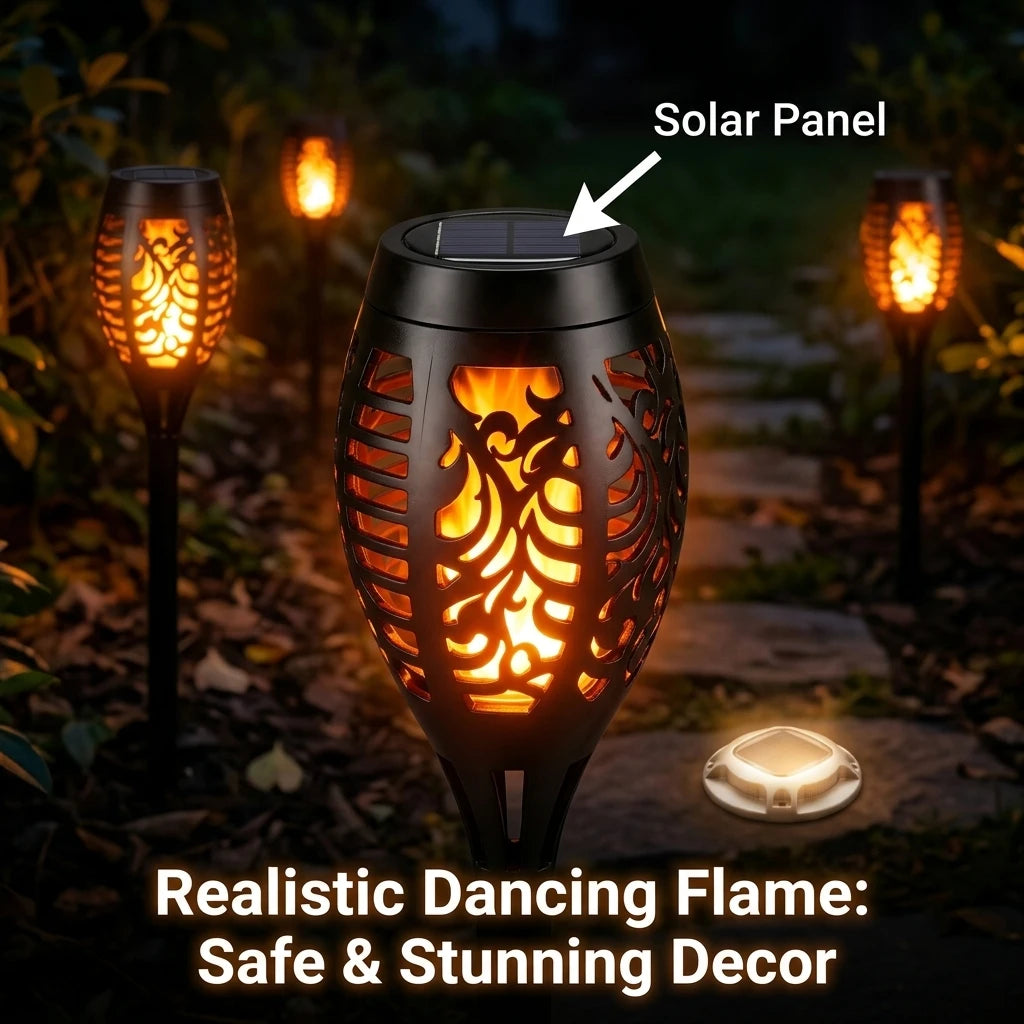 Solar Outdoor Torch And LED Ground Lights For Garden Pathways