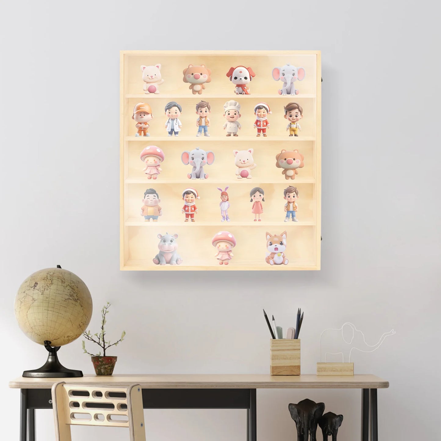 5-Tier Wall Mount Solid Wood Display Case,  Composite Board Acrylic Dustproof Door Secure Latches 15-20Kg Load Bearing Burr-free Edge Anime Figurine Model Storage Cabinet