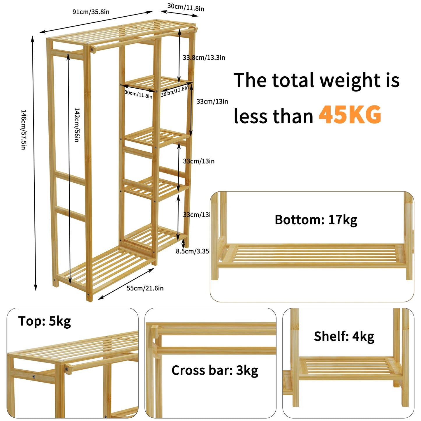 Bamboo Garment Rack 6 Tier Open Wardrobe Storage Organizer