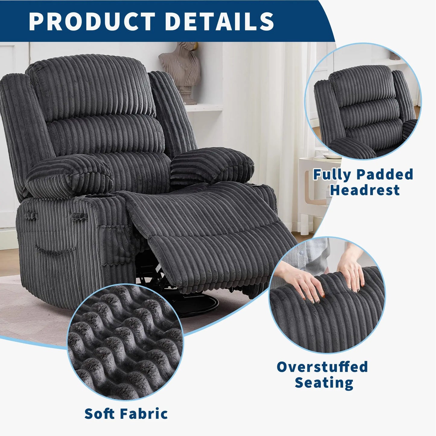 360° Swivel Rocking Recliner Chair With Cup Holder, Oversized Corduroy Nursery Glider, Deep Seat Lounge Chair For Living Room