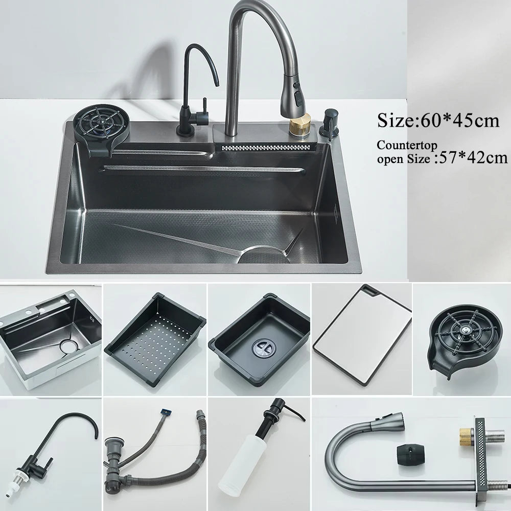 MYQualife 304 Stainless Steel Waterfall Kitchen Sink With Soap Dispenser