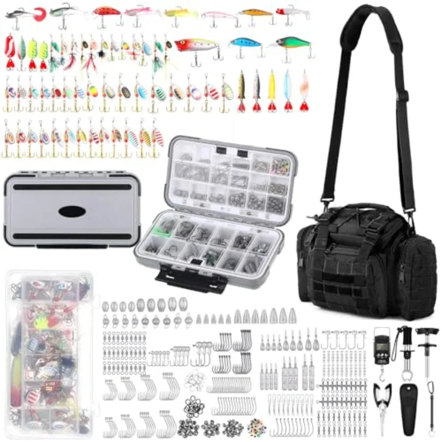 Fishing backpack for outdoor use, nylon material, black color, 464 pcs capacity with tackle boxes and gear accessories includin