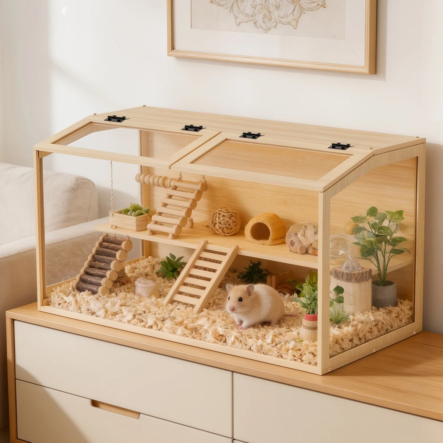 Wooden Hamster Guinea Pig Habitat Cage With Tempered Glass