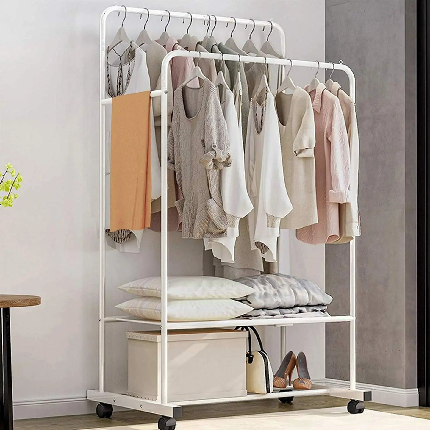 BINGOPAW Double Rail Rolling Clothes Rack and Shoes Storage Shelf