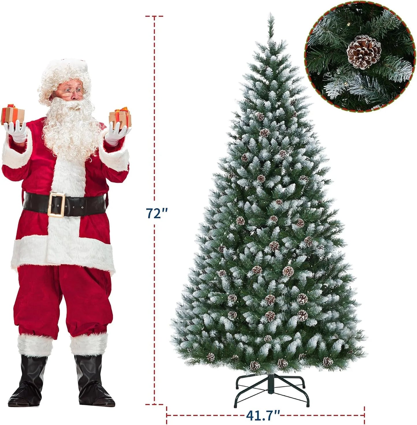 6 Ft Pre-Lit Pencil Snow Flocked Spruce Artificial Christmas Tree with Pine Cones & Foldable Stand, Slim Green-White Xmas Tree for Indoor Holiday Decoration