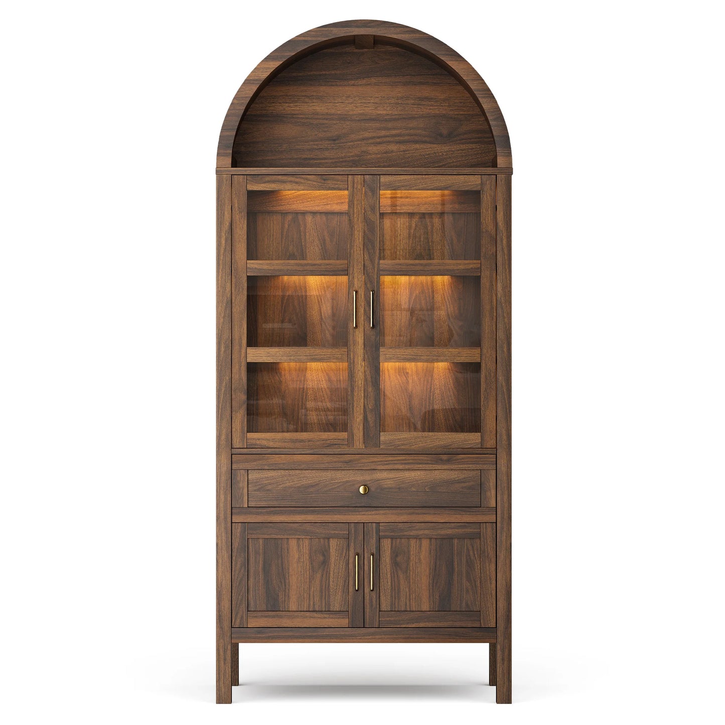 71 Inch Tall Full Wood Arched Storage Cabinet Adjustable Shelves Bookcase with Dimmable LED Lights for Living Room Bedroom