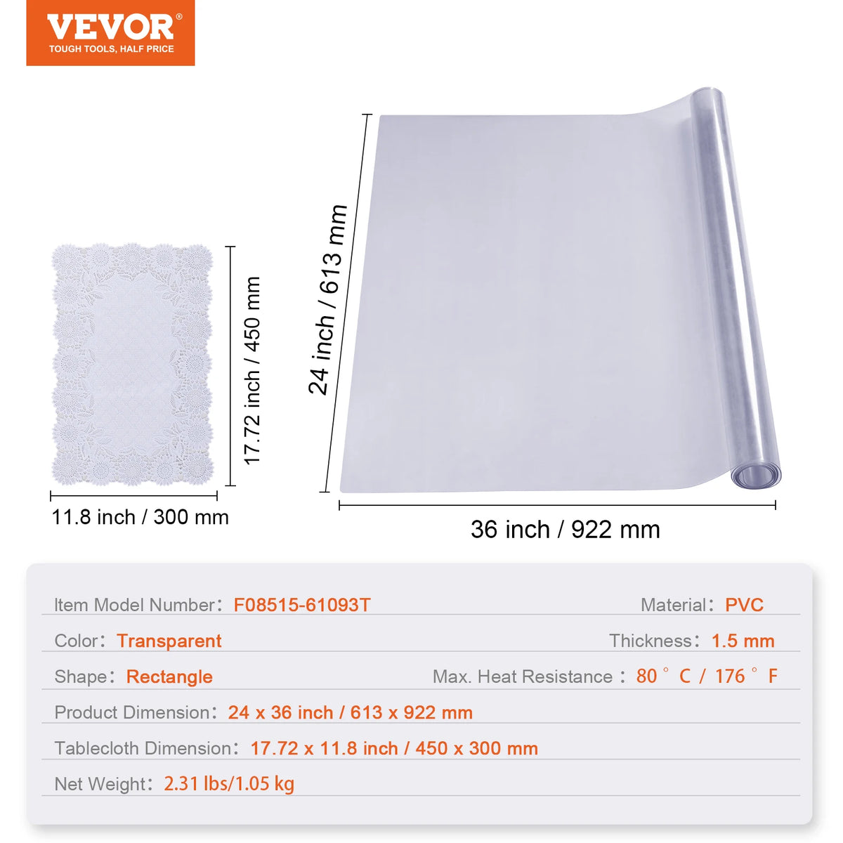 SucceBuy PVC Tablecloth Transparent Table Cloth 1.5mm Waterproof Kitchen Oil-Proof Table Mat Plastic Soft Glass Protector Cover