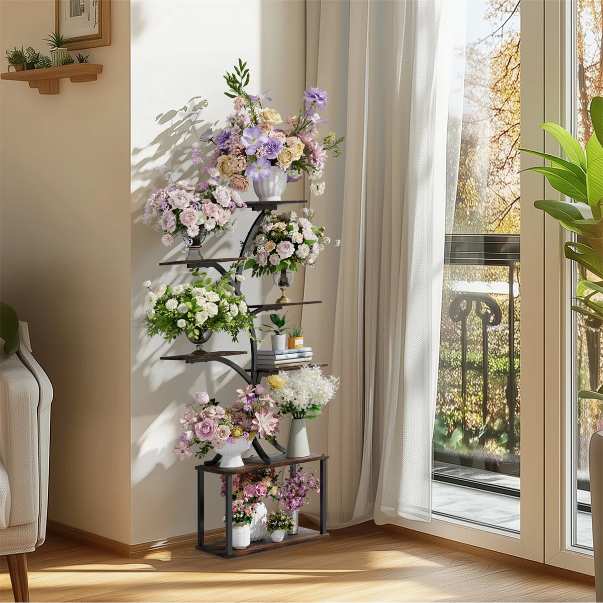 Tree Shaped Metal Plant Stand with Pot Display and Lights