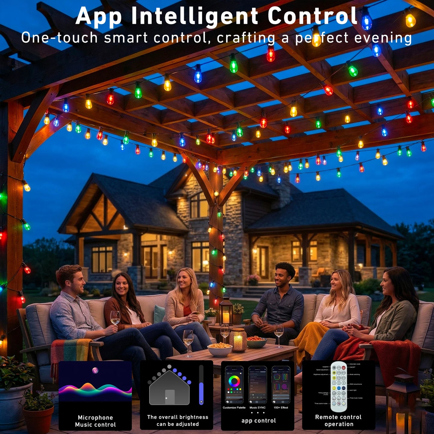 200FT RGB+IC Outdoor String Lights IP67 Waterproof DreamColor LED Bulbs Dimmable Shatterproof Patio Backyard Balcony Eave Lights APP Remote Control Chasing Effect
