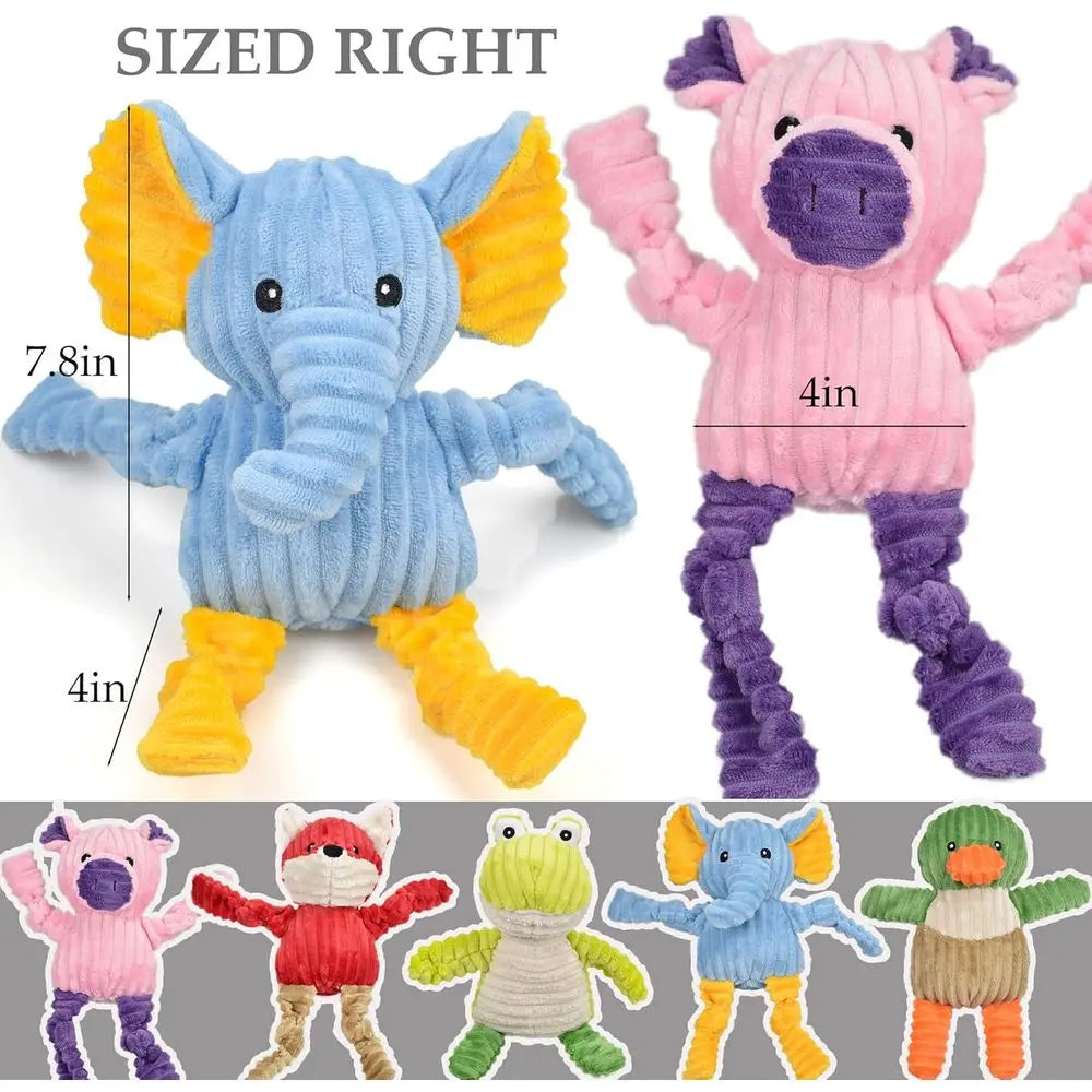Five Pack Squeaky Plush Dog Toys Bundle Ox Duck Elephant