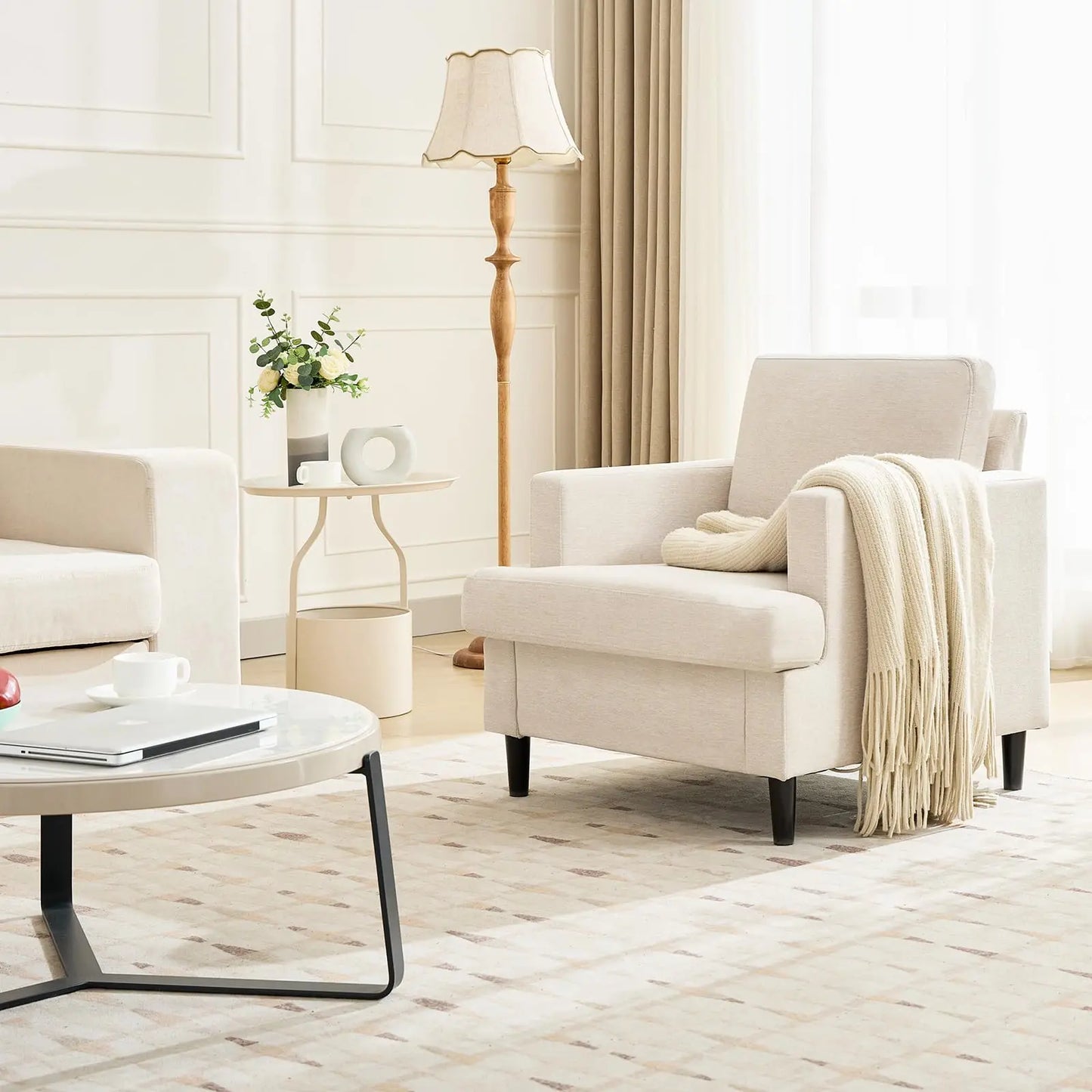 Modern Single Accent Chair Comfortable Linen Upholstered Armchair With Soft Thick High Resilience Foam Cushion Sturdy Solid Wood Legs Soft Backrest For Living Room Bedroom Office