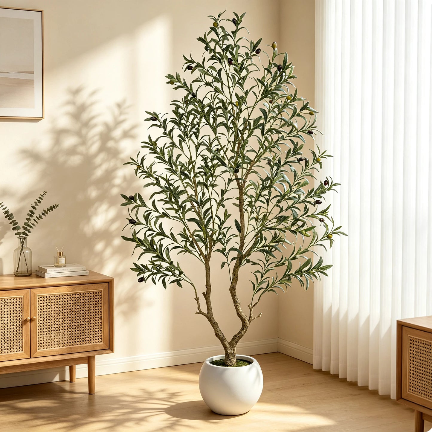 5/6/7/8FT Olive Tree Artificial Indoor Outdoor Faux Olive Tree in Decorative Planter Fluffy Artificial Plants with Natural Wood Trunk and PE Lifelike Fruits for Home Living Room Office Decor