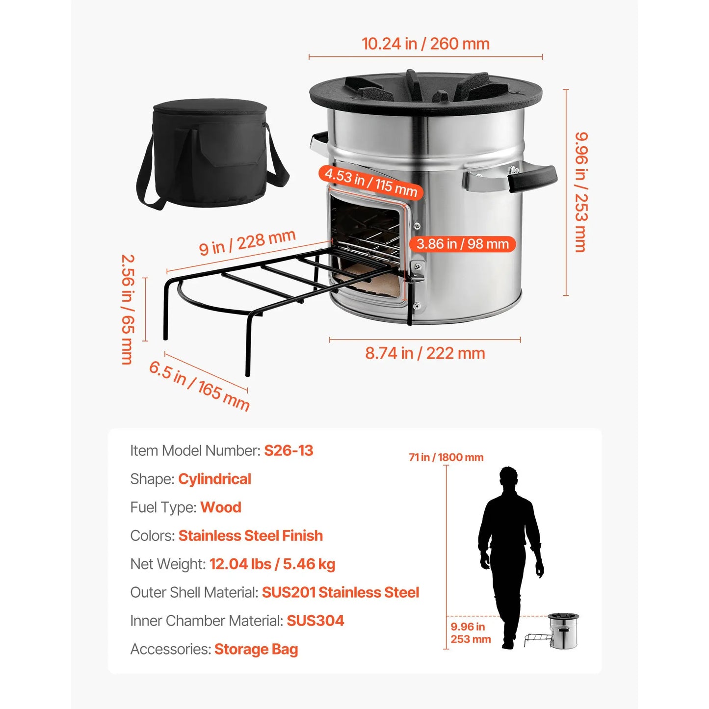 Camping Rocket Stove, Wood Burning Portable Rocket Stove with Carrying Bag for Backpacking, Stainless Steel, Single Door, Burn Wood, Twigs or Sticks for Outdoor Cooking, Backyard, Camp Cooking,Silver