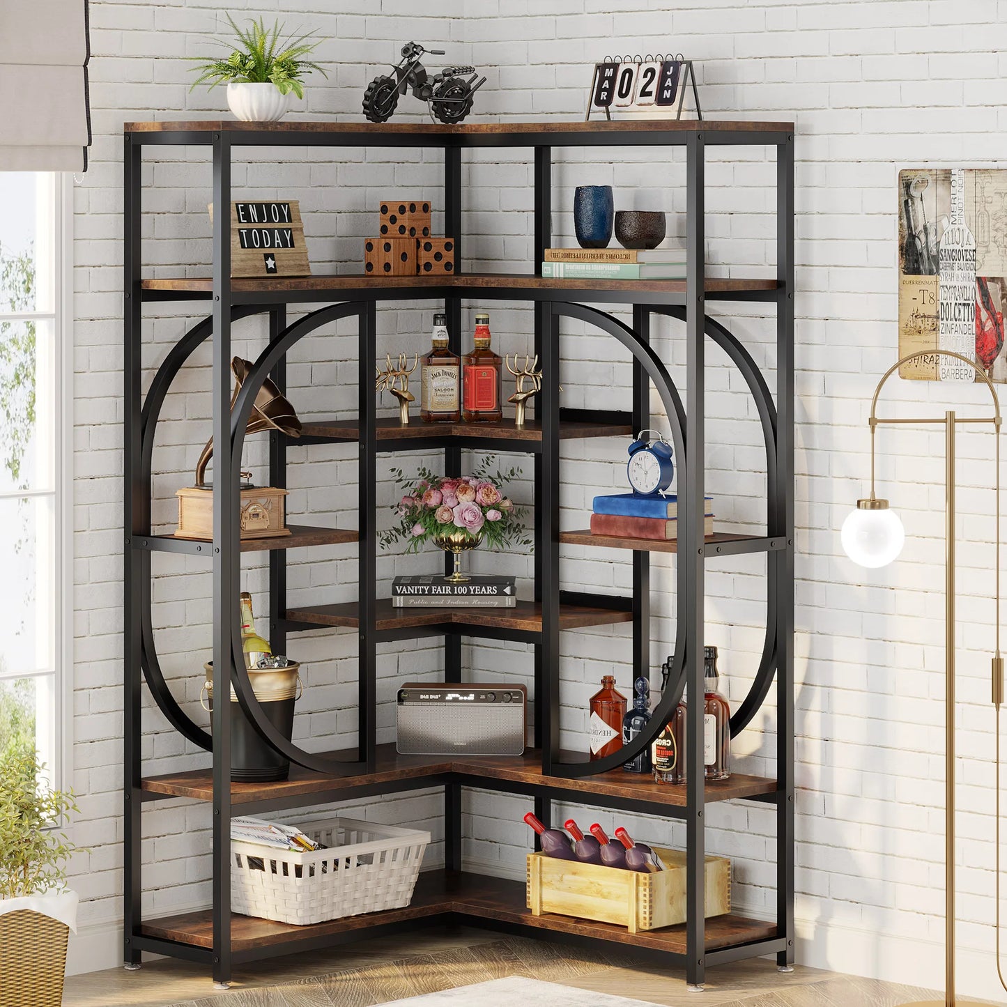 Little Tree 7 Shelf Corner Bookshelf Modern Tall L-Shaped Bookcase