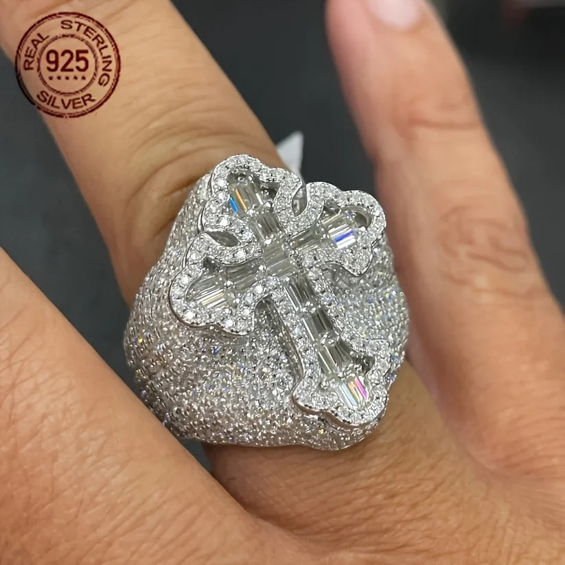 Fashion Design Brilliant 925 Silver Cross Rings For Men Shiny Zircon Inlay Iced Out Hip Hop Ring Vintage Rapper Jewelry