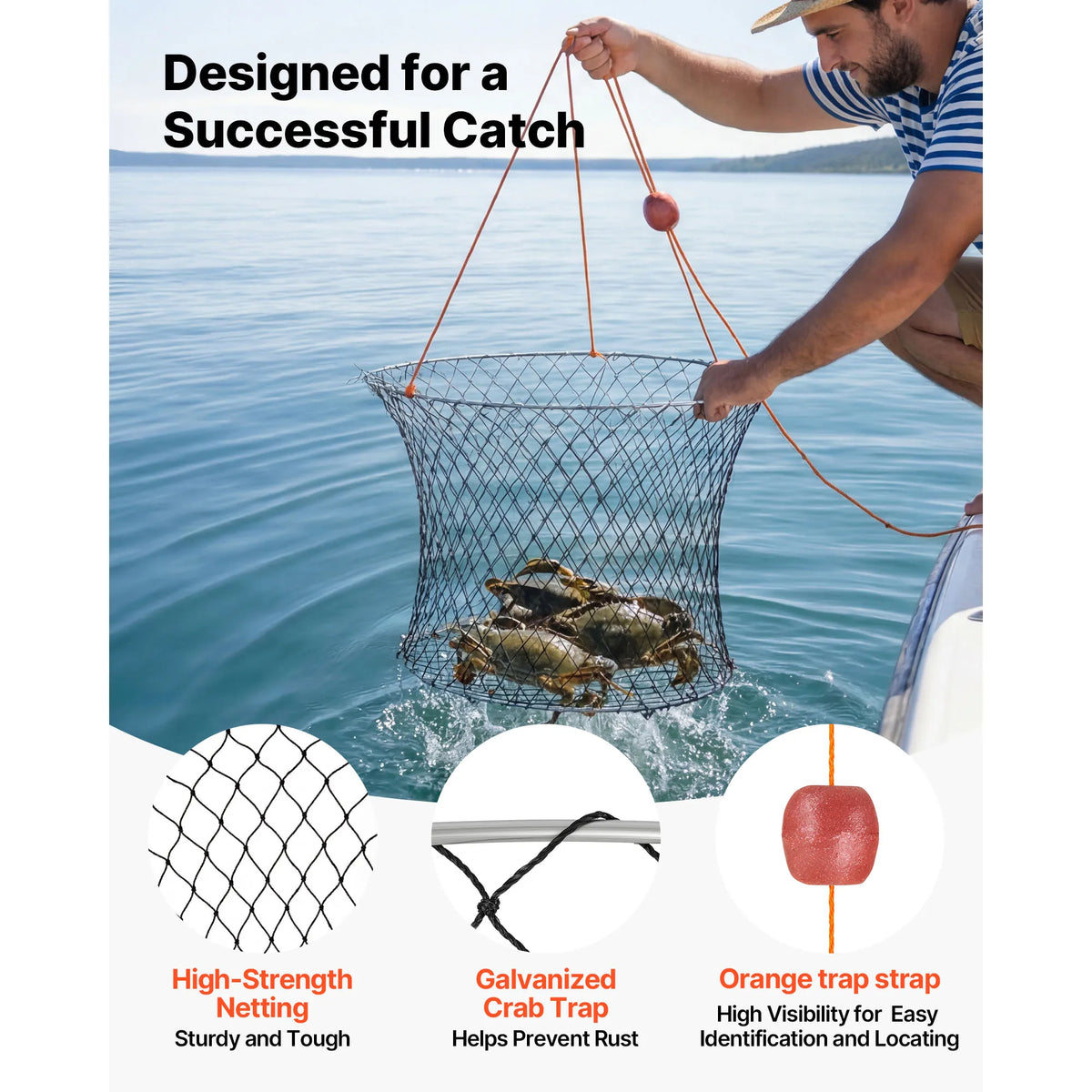 SucceBuy Double Ring Crab Trap 24in Top 20in Bottom Two Rings Crab Kit Foldable Fishing Net with Gauge 60ft Rope Wire Grid 2set