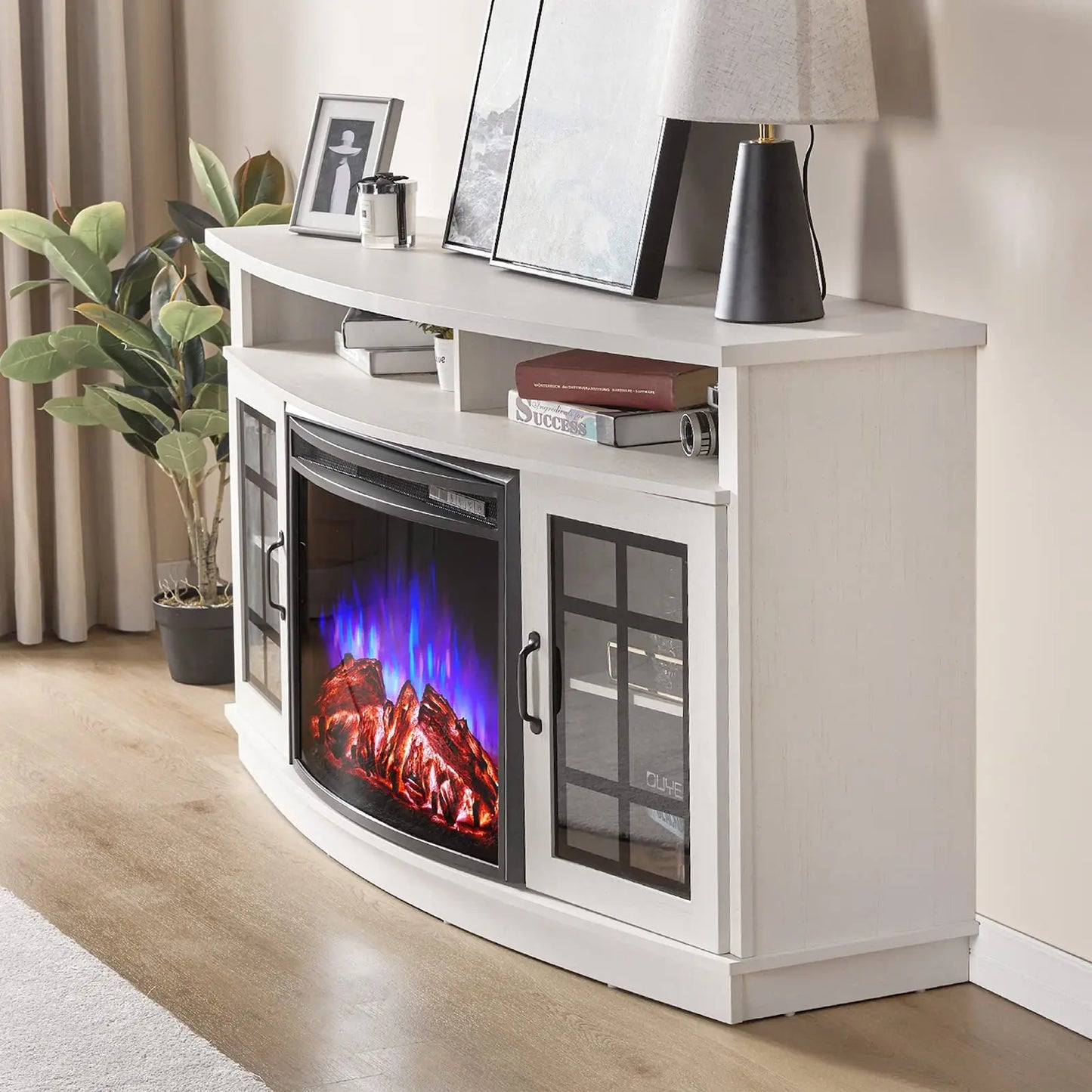 Curved Electric Fireplace TV Stand With Glass Door Storage