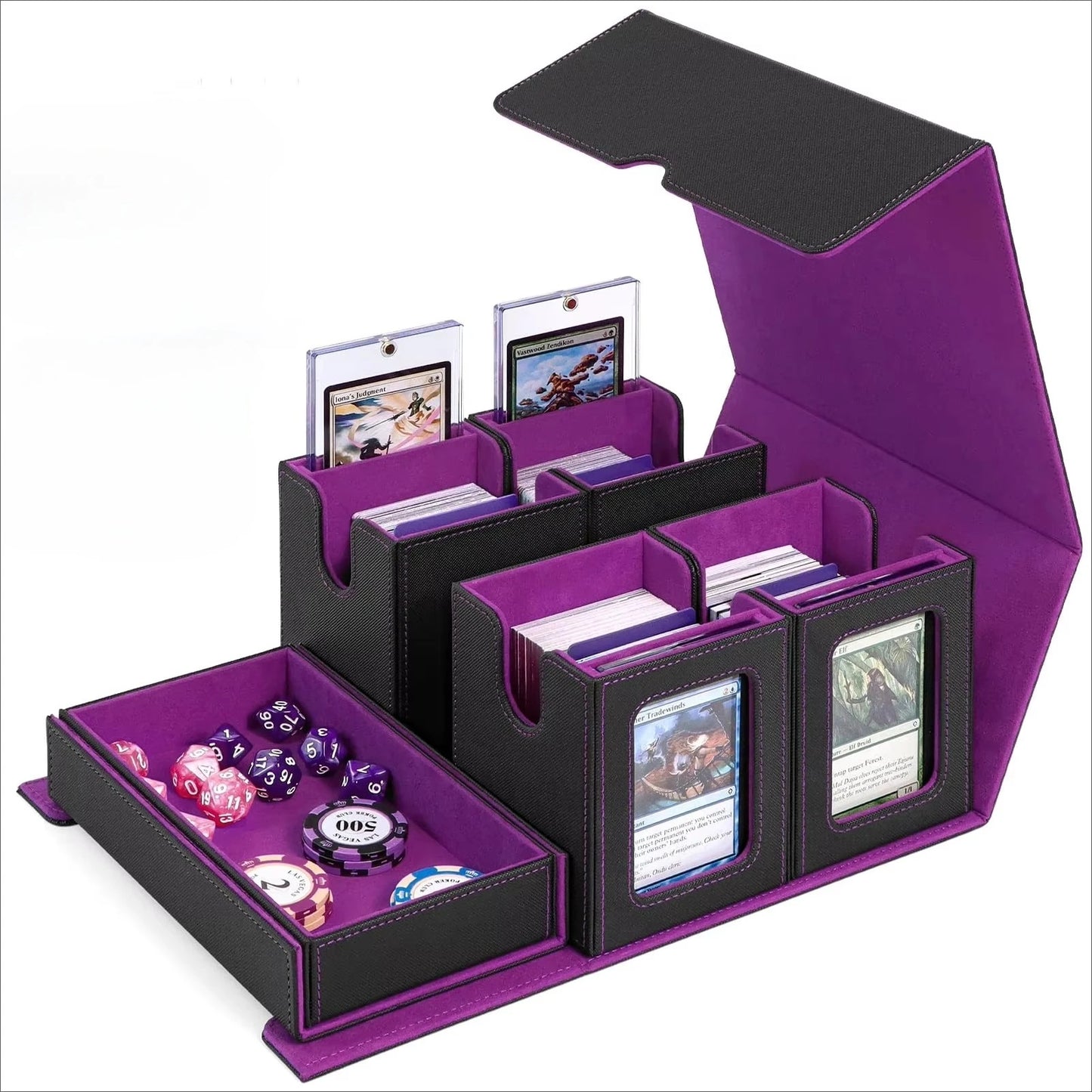 Commander Deck Box for MTG, Trading Card Storage Box Fits 400+ Double-Sleeved Cards, 5-IN-1 Multi-purpose Removable Deck Case with Dice Tray, Display Window for TCG/Sports Card