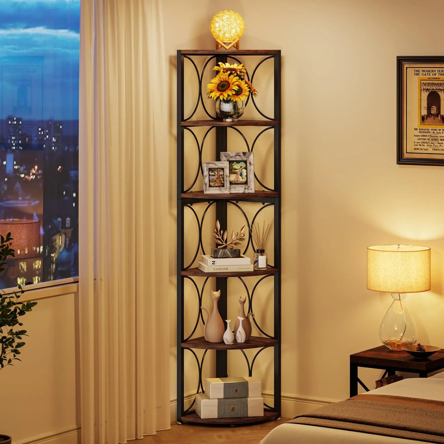 Tribesigns 67 inch Tall Corner Shelf, 6 Tier Rustic Corner Bookshelf Bookcase Storage Rack Standing Shelving Unit