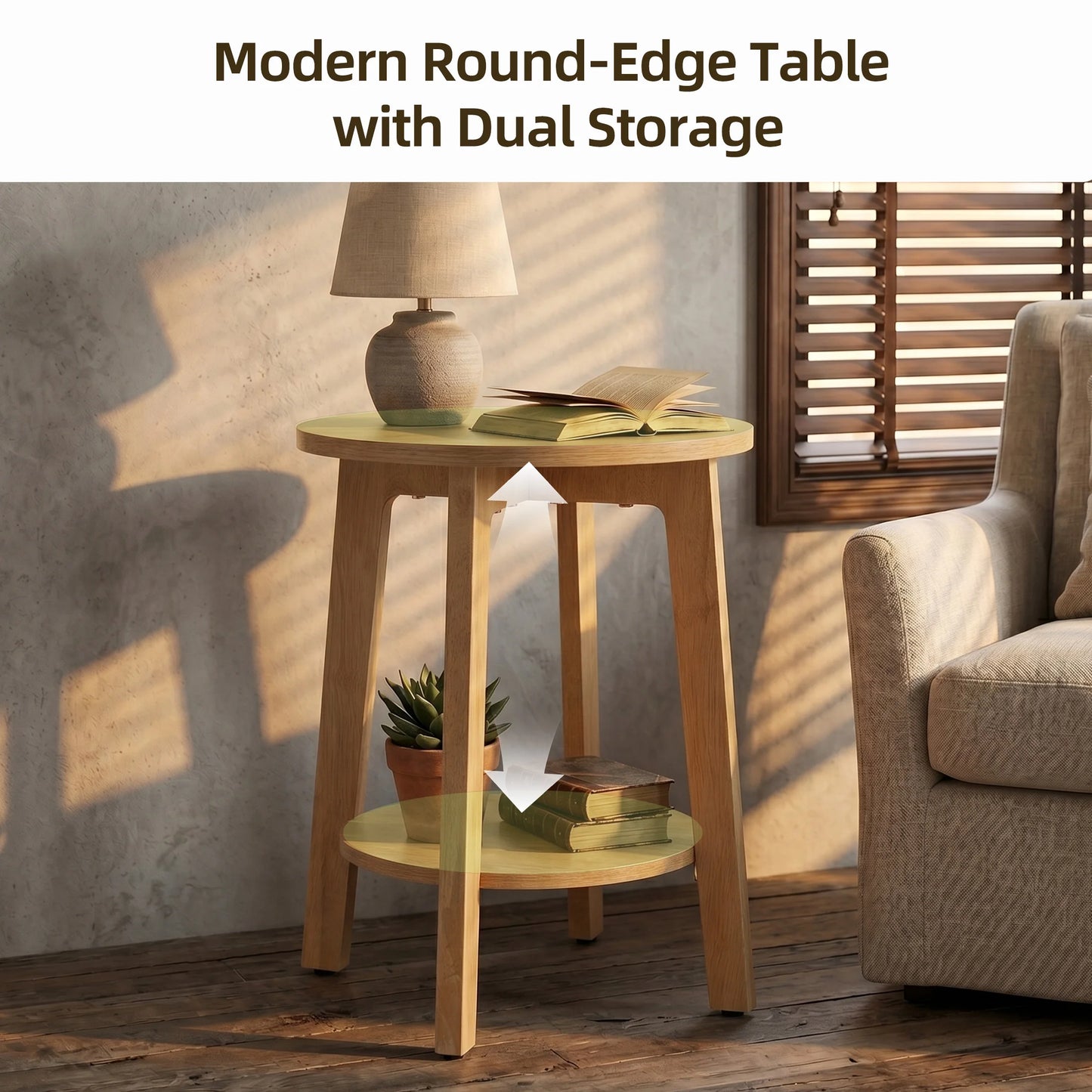 JHK Wood Round Side Tables Coffee Table For Living Room 2-Tier Center Counter with Storage Shelf Bedside Nightstand with Non-Slip Pads