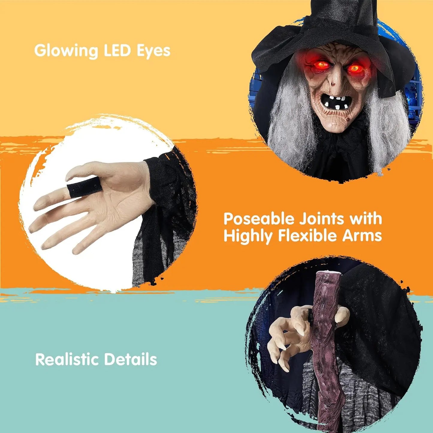 72" Animatronics Witch Outdoor Halloween Decorations with Cane Life Size Animated Ghost Haunted House Prop Décor with Creepy Sound and Light-up Eyes, Party Supplies