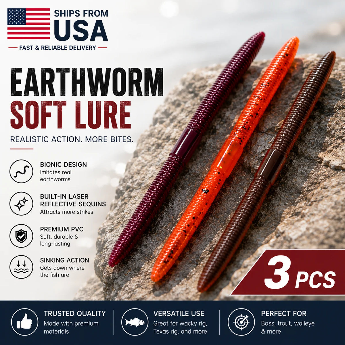 Kingdom 3Bags Earthworm Soft Lure Sinking 1.8g 96mm 2.8g 120mm Artificial Fishing Lures Bass Flatfish Worms Fishing Soft Baits