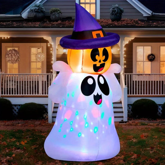 5 FT Tall Halloween Inflatable Outdoor Decor Blow Up Yard Decoration Ghost with Colorful LEDs Inflatable Ghost with Pumpkin Witch Hat for Outdoor Decoration