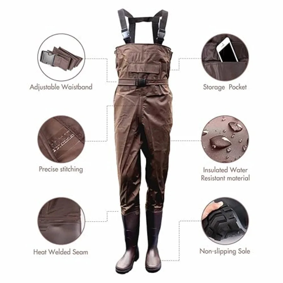 Hunting and fishing chest waders with boots, 2-ply PVC/nylon waterproof material, camo color, lightweight and durable
