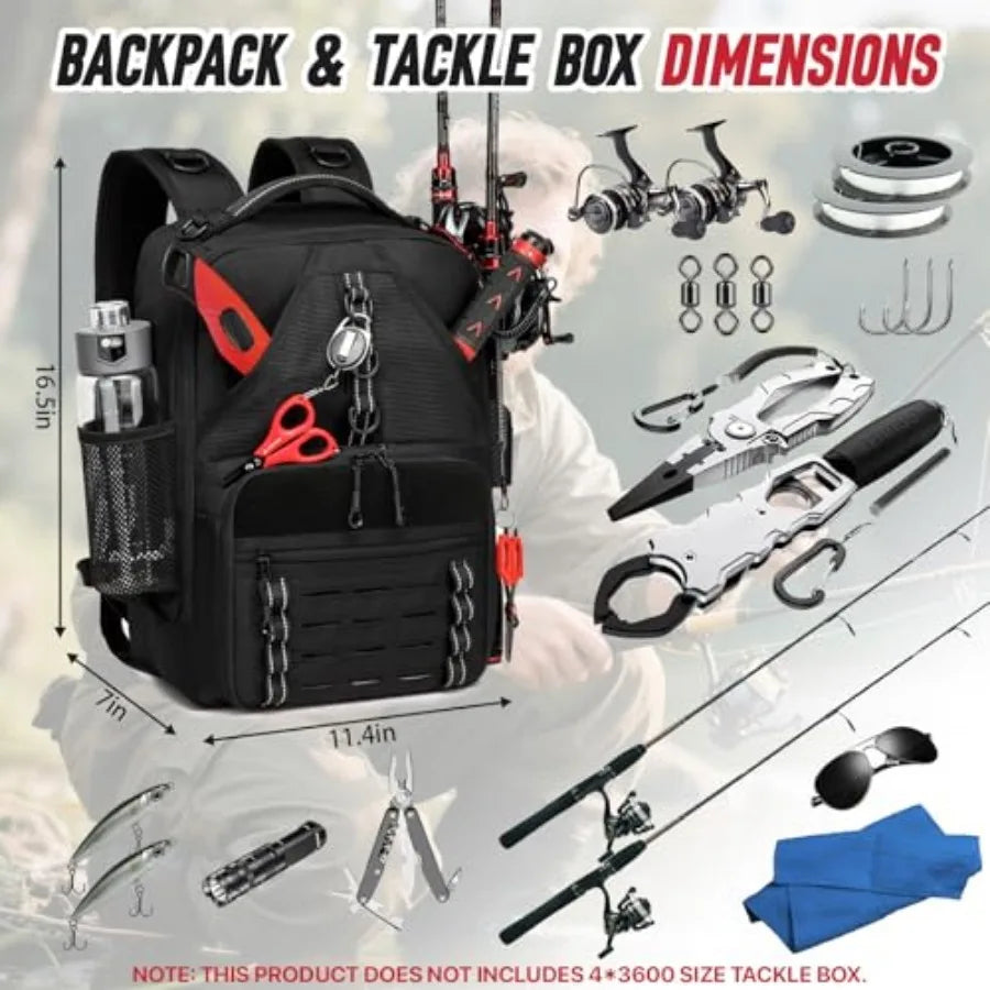 Fishing Tackle Backpack, Tackle Bags with 2 Rod Holders, Water-Resistant Tackle Bag Storage Bag for Fishing Gear Black