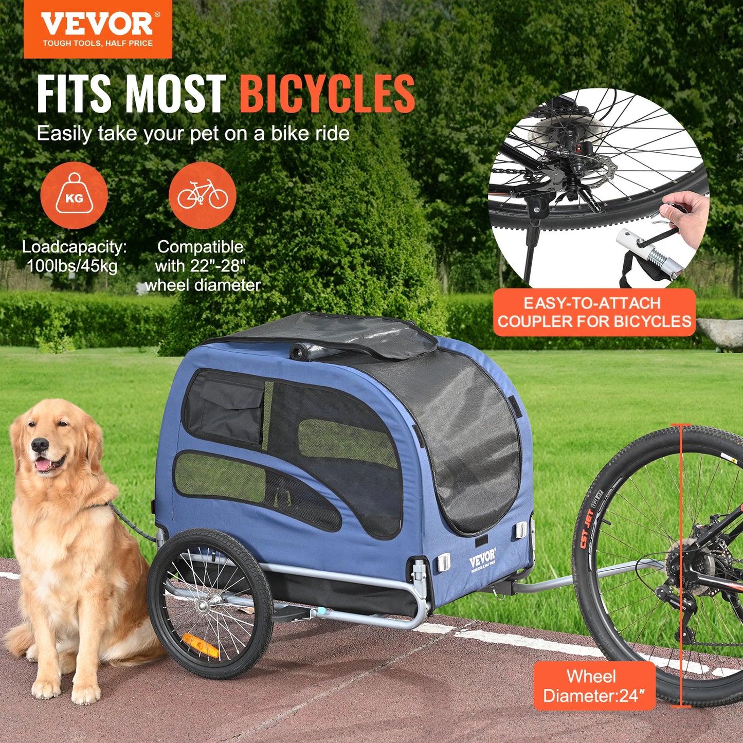 Pet Cart Bicycle Carrier Dog Trailer With Coupler Reflectors Flag 100 Lbs