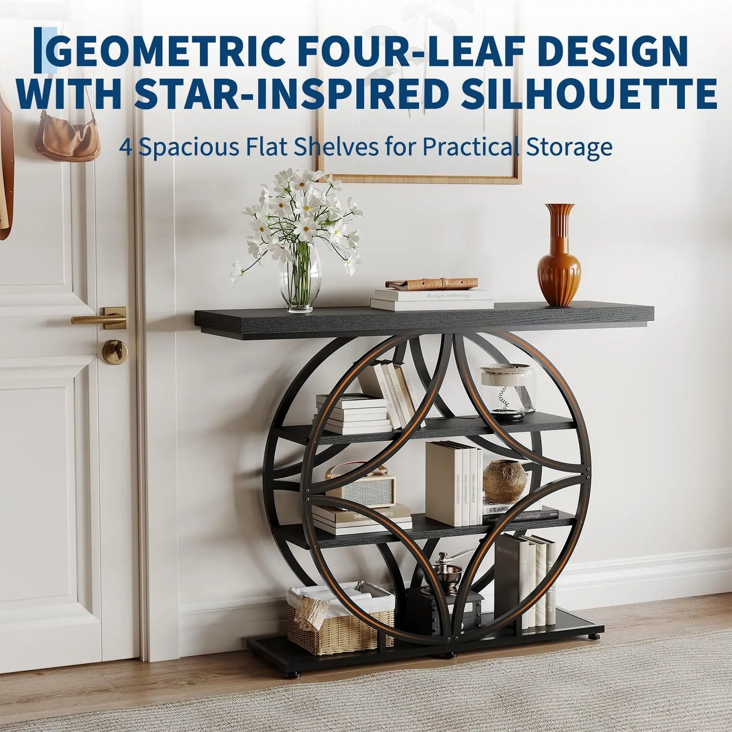 41.3 Inch Console Table With Circle Metal Base, 4 Tier Narrow Entryway Sofa Table, Industrial Hallway Accent Table