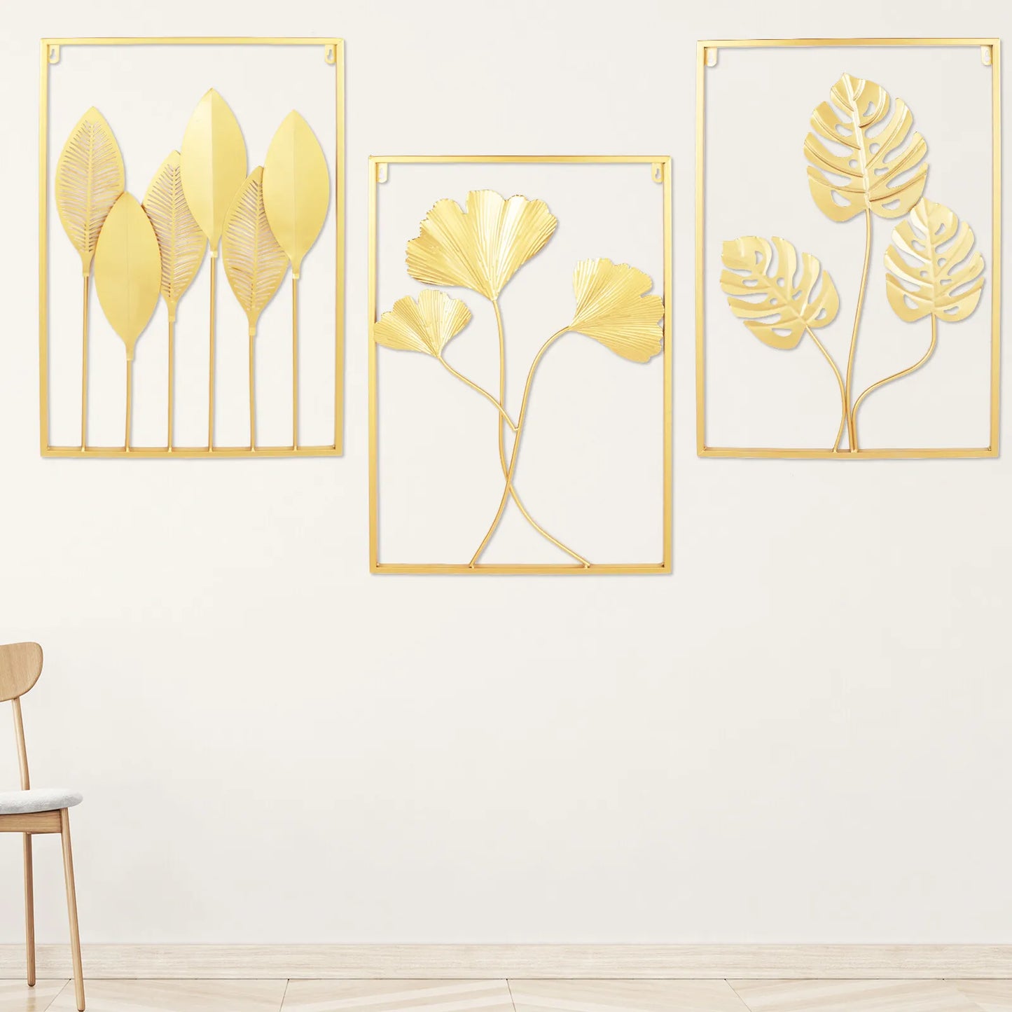 Three Piece Leaf Wall Art Set Modern 3D Iron Panels