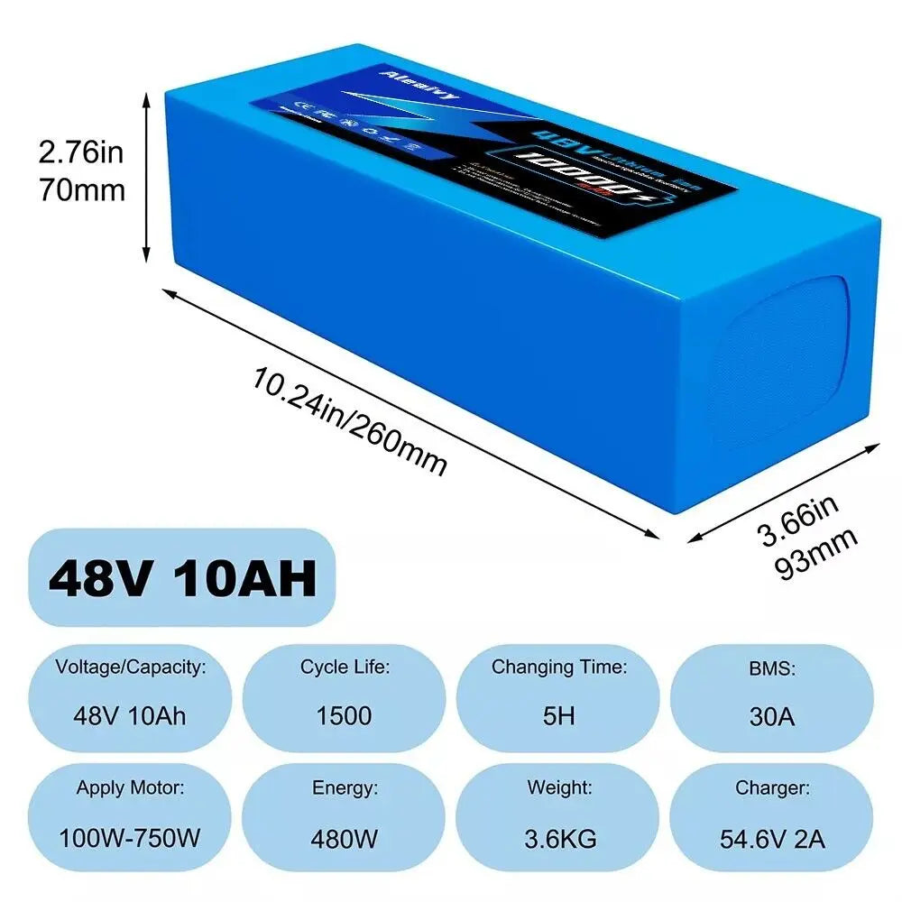 Aleaivy 36V 48V Li Ion Ebike Battery Pack 10Ah 14Ah 20Ah With Charger