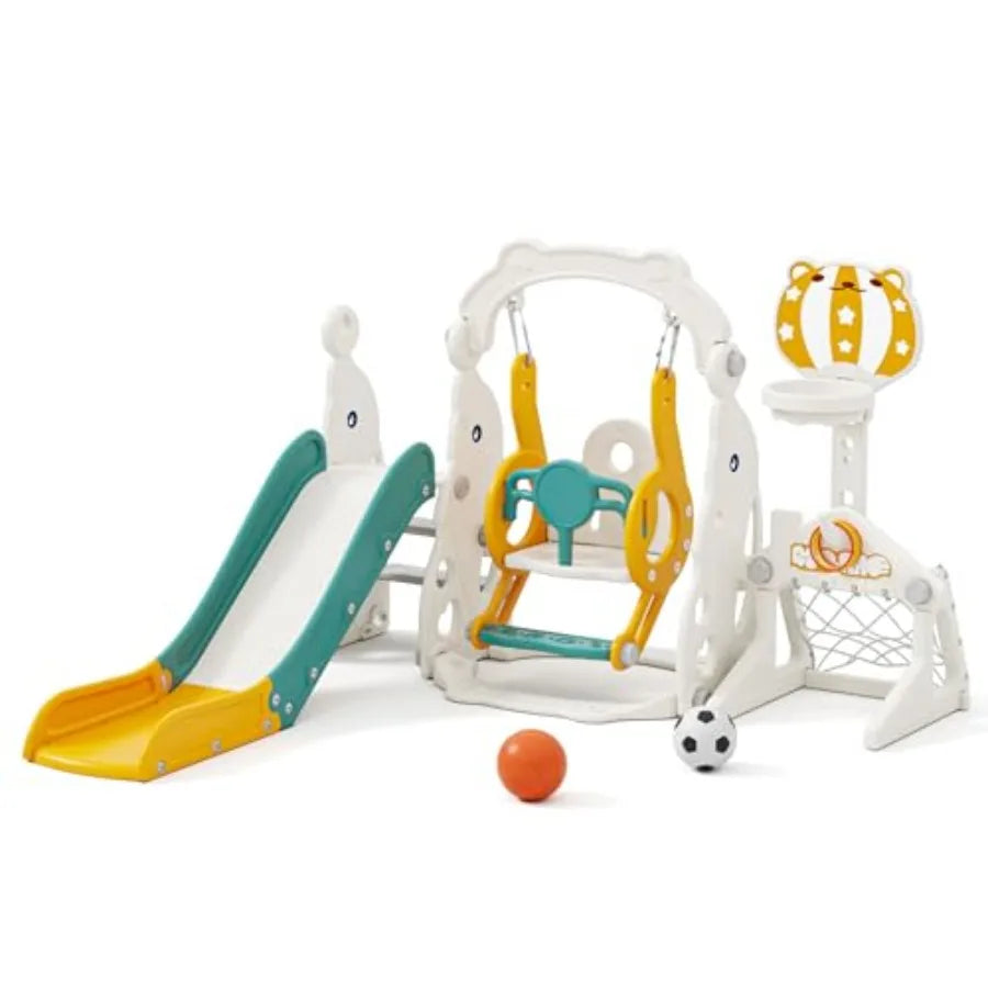 Green 6-in-1 Toddler Outdoor Playset with Slide Swing Climber Basketball Hoop Soccer Goal for Ages 1-3 Indoor Outdoor Playgroun