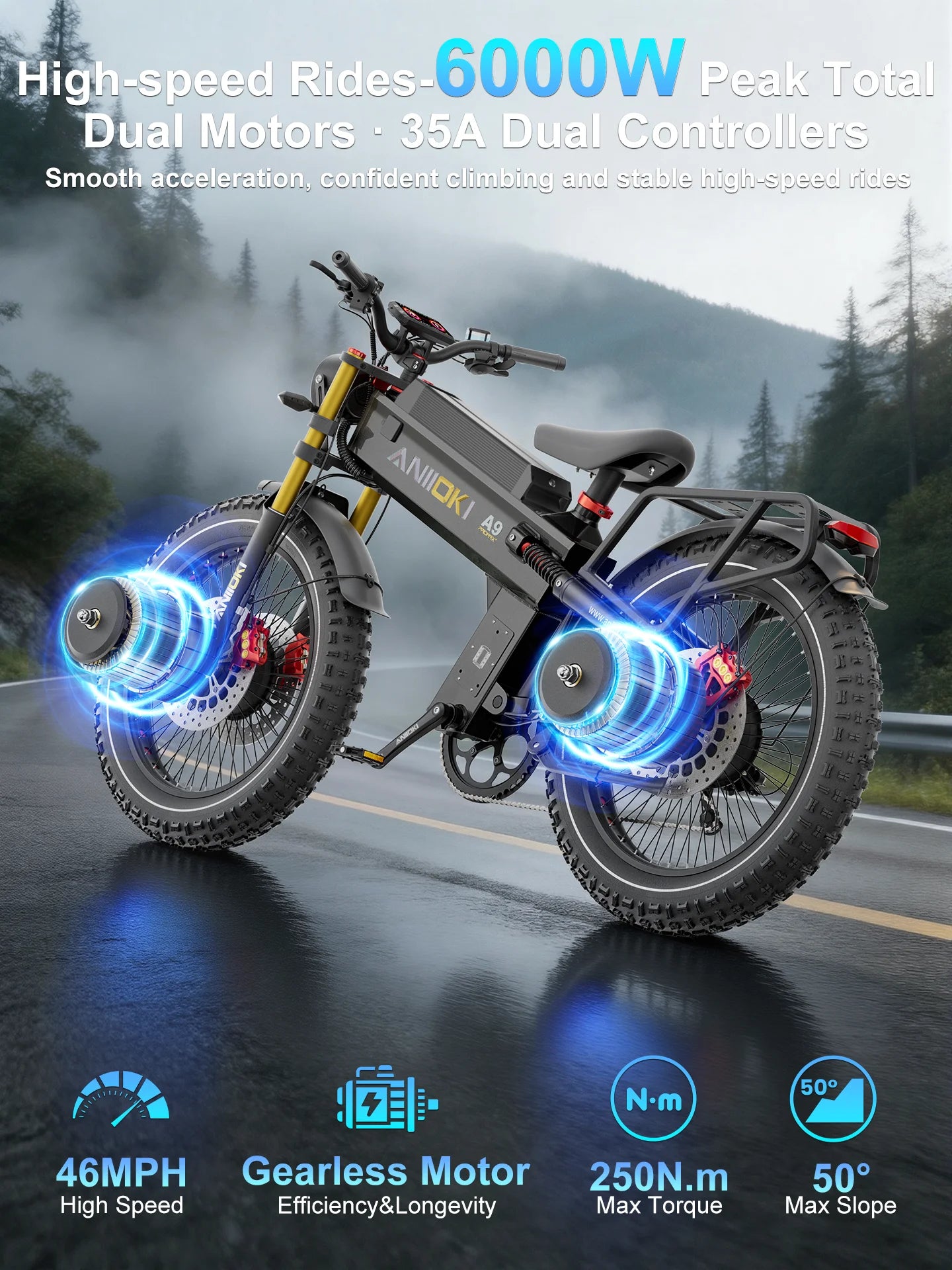 Electric Fat Tire Bike 6000W Dual Motor 60V 70Ah AWD A9 Pro Max