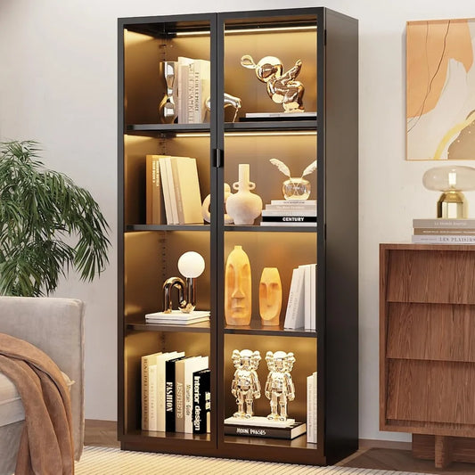 Display Cabinet with Glass Doors and LED Lights, Glass Display Case with 3 Adjustable Shelves,4 Tier of Storage Space Curio Cabi