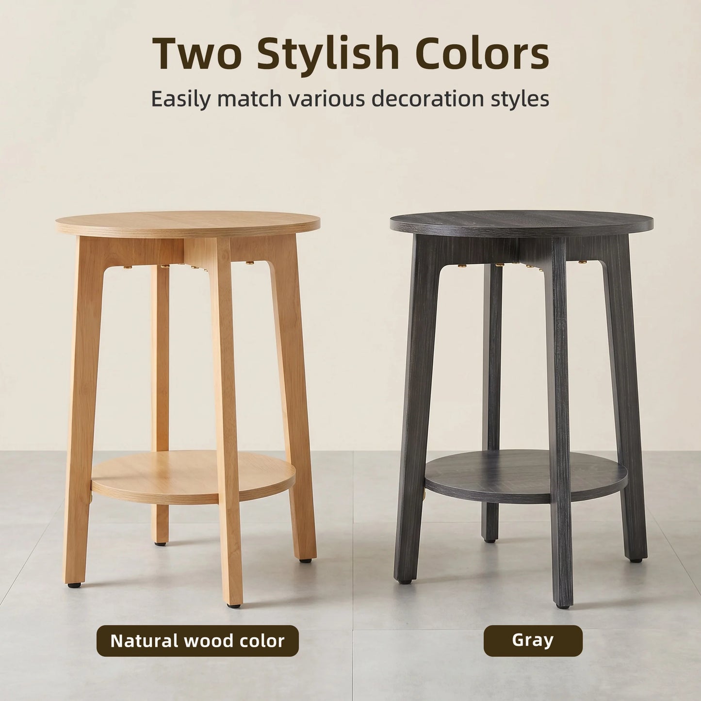 JHK Wood Round Side Tables Coffee Table For Living Room 2-Tier Center Counter with Storage Shelf Bedside Nightstand with Non-Slip Pads