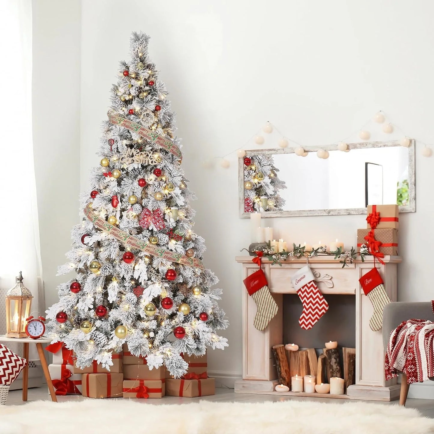 6 Ft Pre-Lit Pencil Snow Flocked Spruce Artificial Christmas Tree with Pine Cones & Foldable Stand, Slim Green-White Xmas Tree for Indoor Holiday Decoration