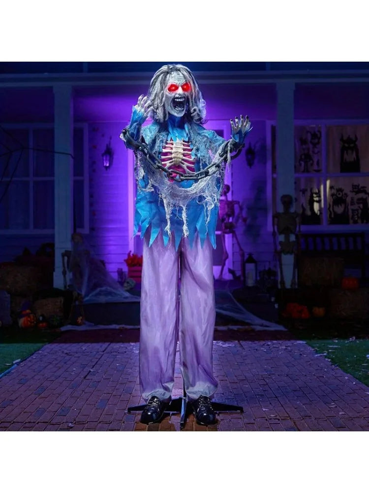68" Zombie Halloween Decorations Standing Zombie Halloween Animatronics Decor with Chain, Life Size Ghost with Light-up Eyes and Creepy Sound, Animated Halloween Props for Haunted House Patio Yard