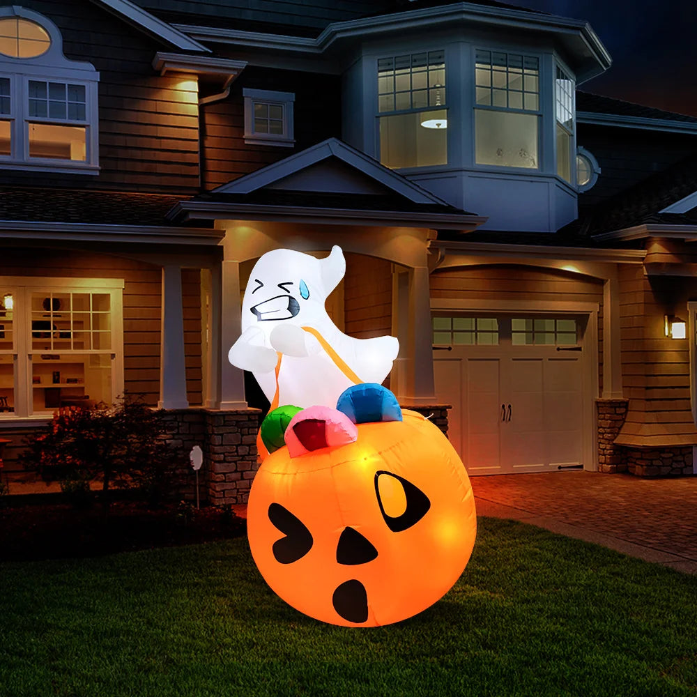 5 FT Tall Halloween Inflatables Outdoor Decorations Inflatable Cute Ghost Halloween Decor Outdoor Blow Up Ghost Lift Pumpkin Candy Bag with Build-in LEDs for Yard Decorations