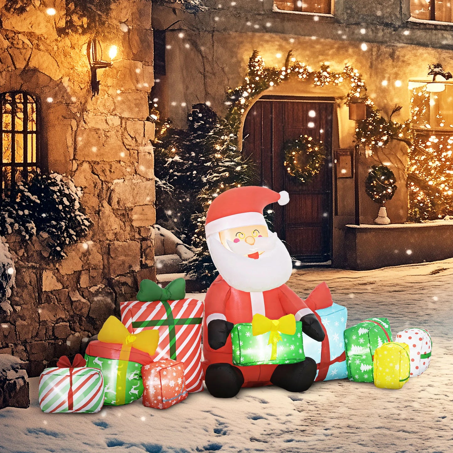 4.4' Christmas Inflatables Santa Claus and Gift Boxes with White LED Lights, Blow-Up Outdoor Christmas Decorations for Lawn Garden Party